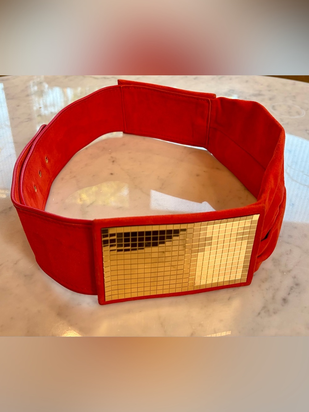 Miss Sixty VTG suede cummerbund belt, disco panels, peg/hole, 4”w, 31-34”, red - Picture 15 of 15